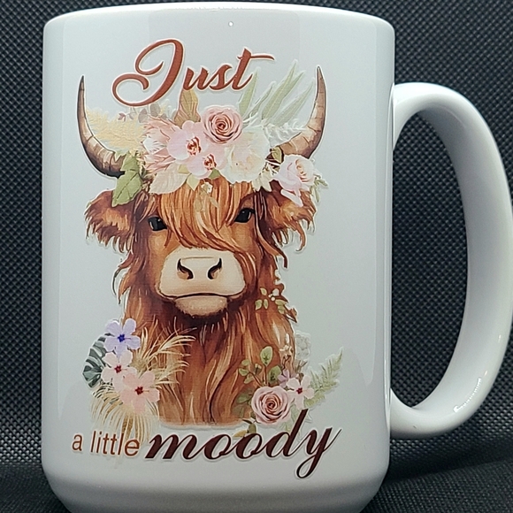 Floral Highland Cow Mug Just A Little Moody - White 15 ounce - Picture 2 of 8